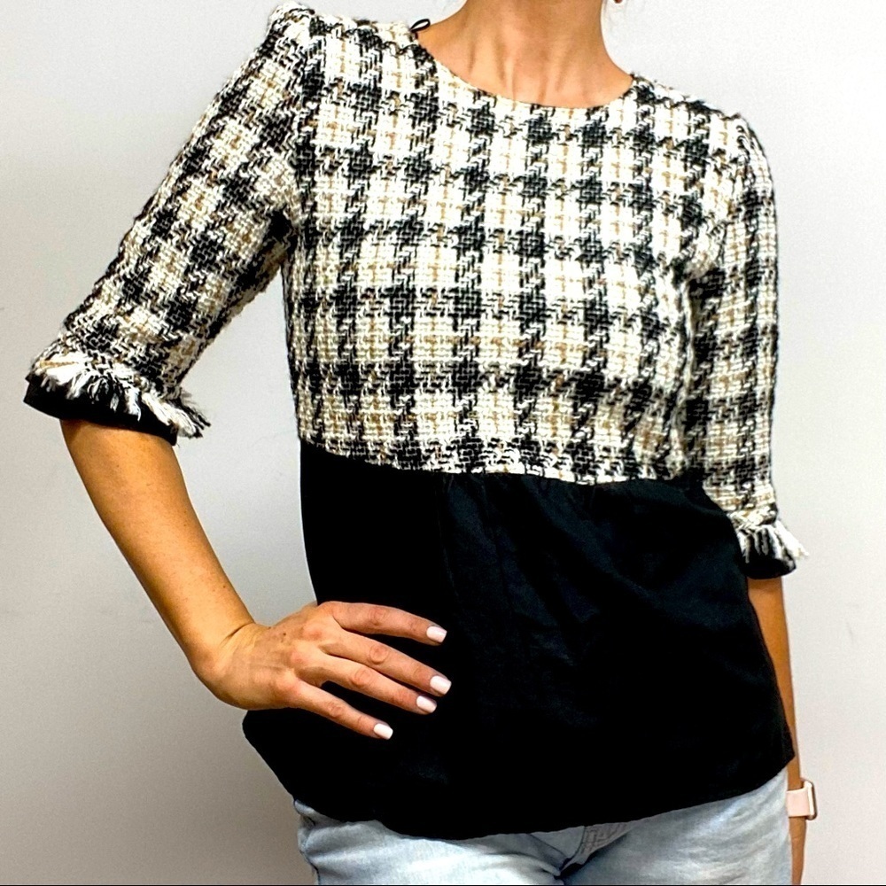 Zara Basic Tweed Houndstooth Peplum Blouse Shirt